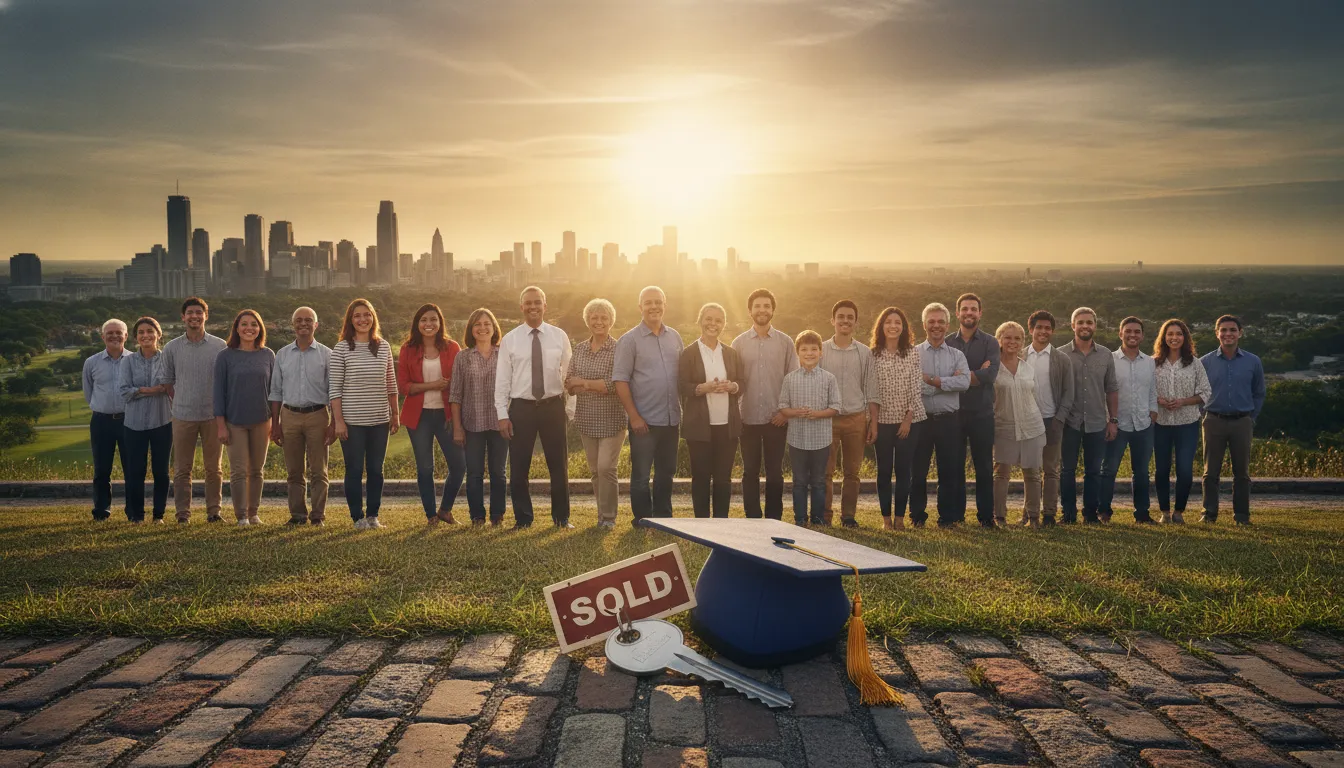 Pessoas diversas olham para o futuro, simbolizando sucesso financeiro após avaliar proposta de crédito.
