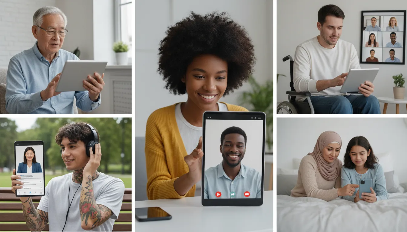 Diversidade de pessoas acessando terapia online via app, destacando a inclusão e saúde mental online.