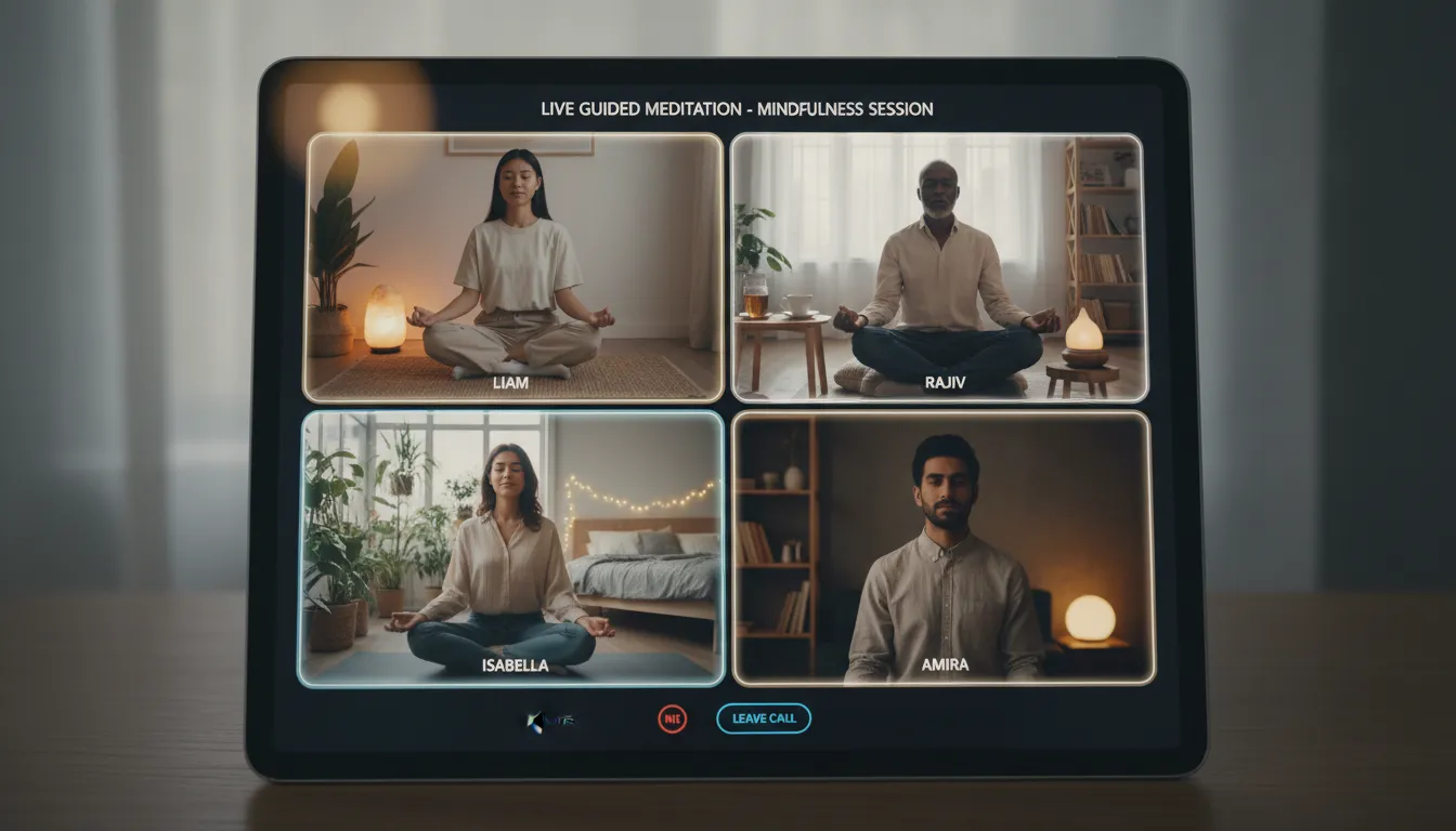 Grupo diverso em sessão de meditação online ao vivo, cada um em seu ambiente tranquilo.