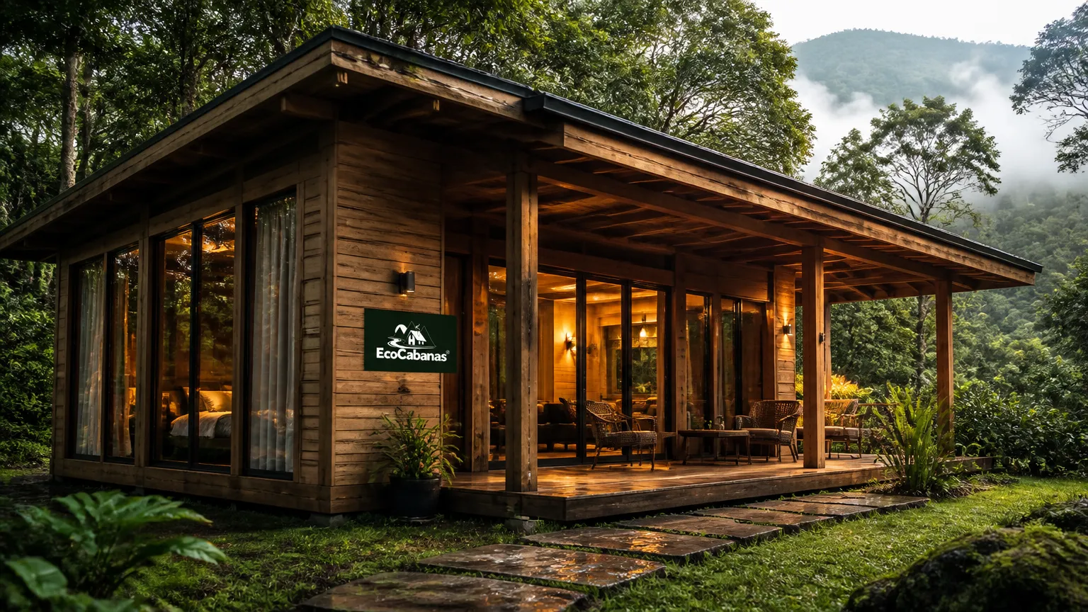 Estrutura fixa de cabanas glamping em madeira tratada integrada ao bosque.