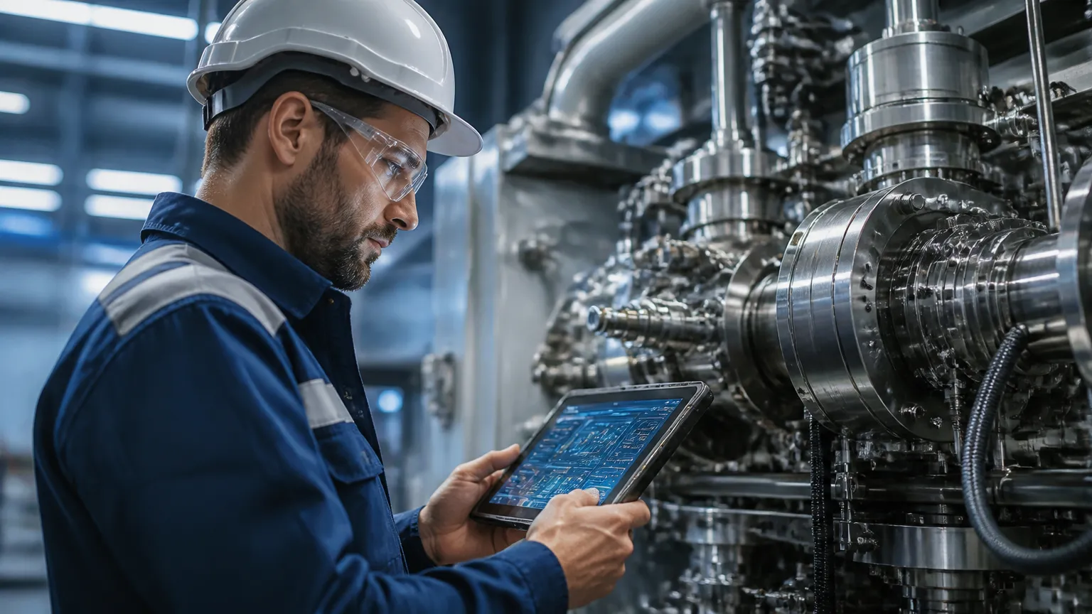 Técnico inspecionando máquinas industriais integradas ao sistema para controle financeiro operacional.