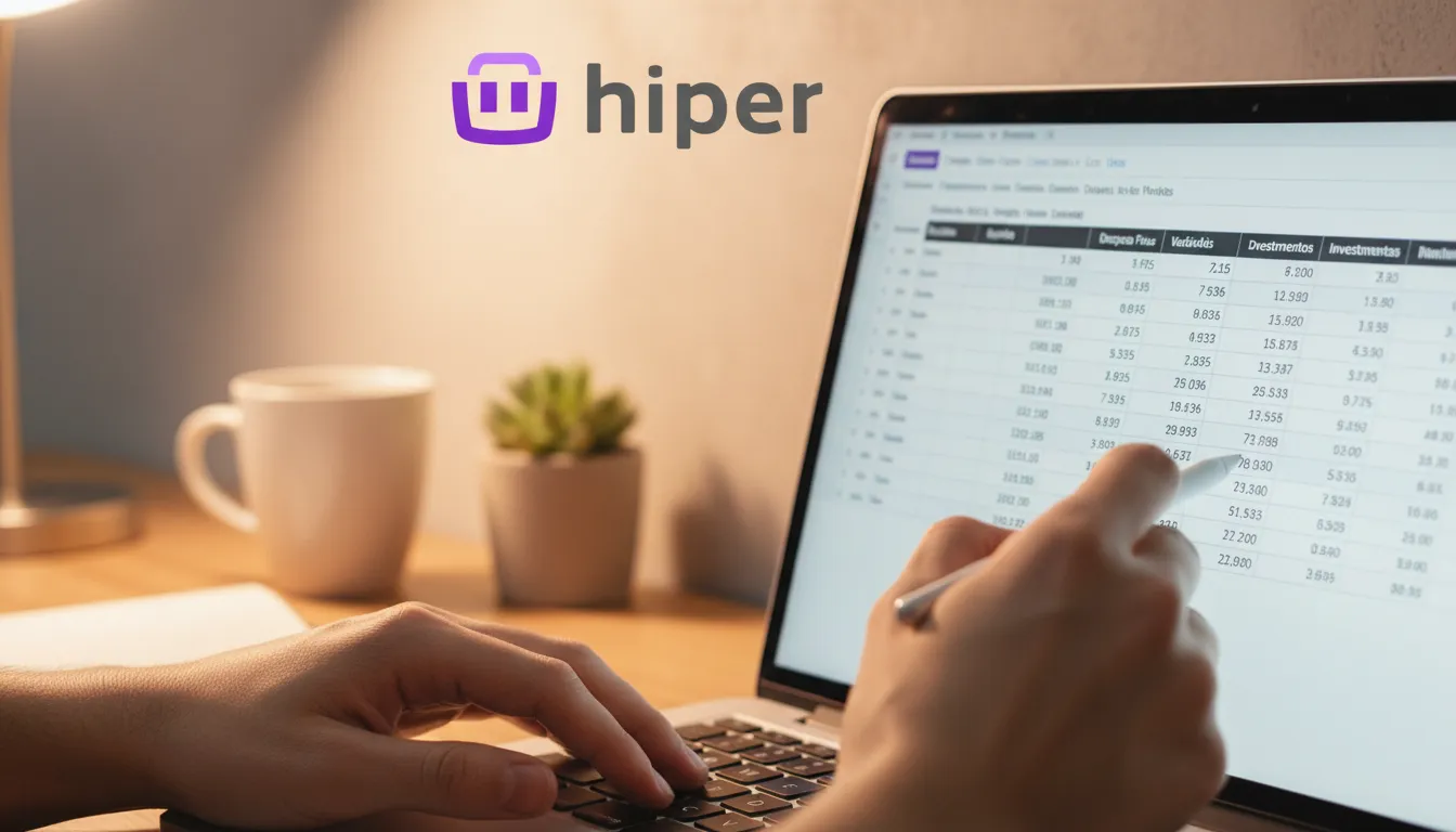 Mãos usando caneta digital para detalhar planilha de orçamento empresarial em laptop, focando em finanças.