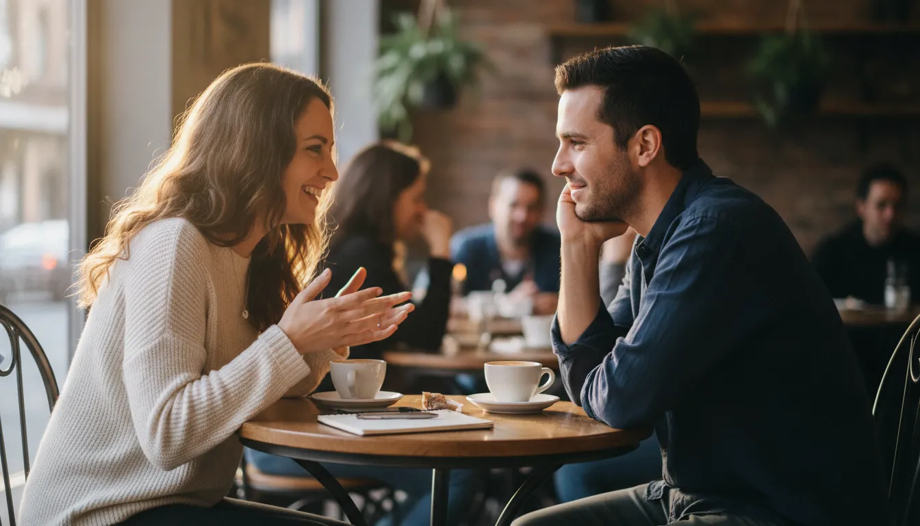 Casal conversa em café, expressando conexão profunda e destino, refletindo sobre coincidências da vida.