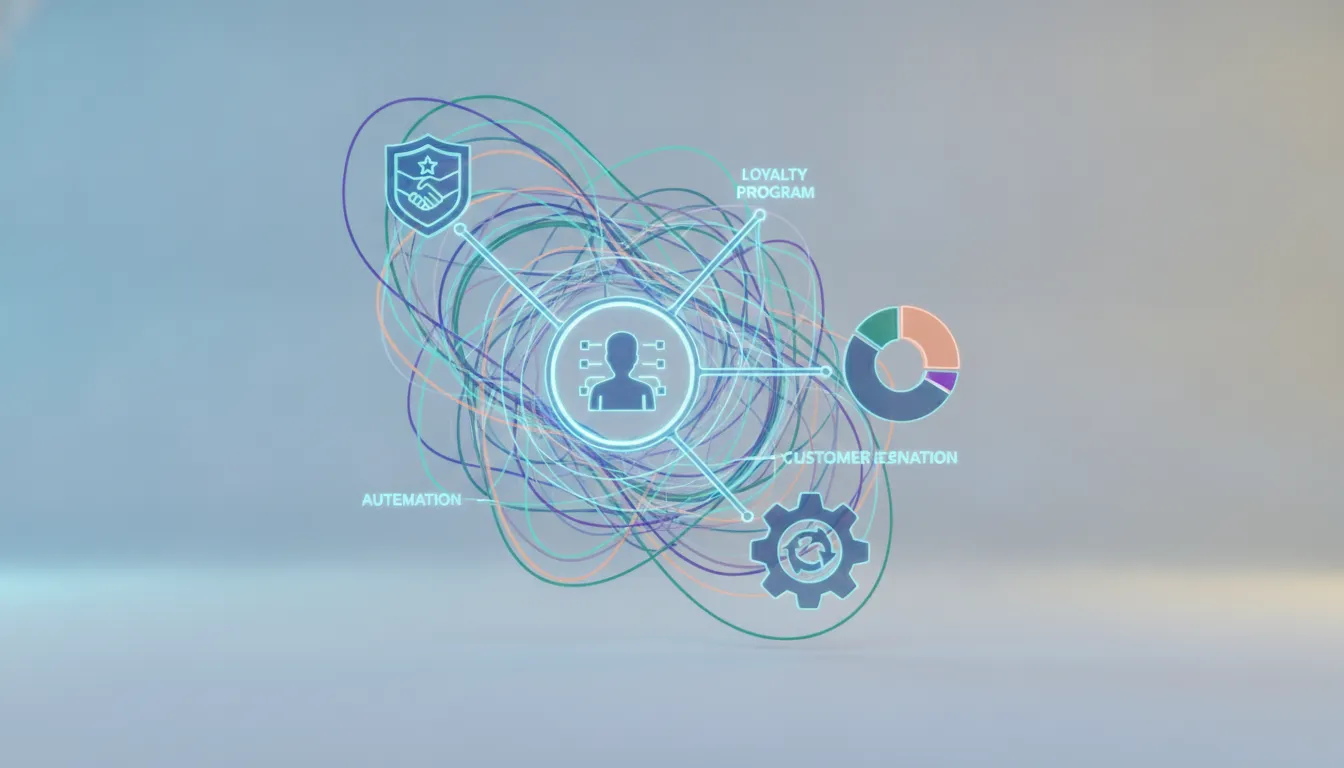 Infográfico 3D de CRM marketing, ilustrando componentes interconectados para nutrir e converter.