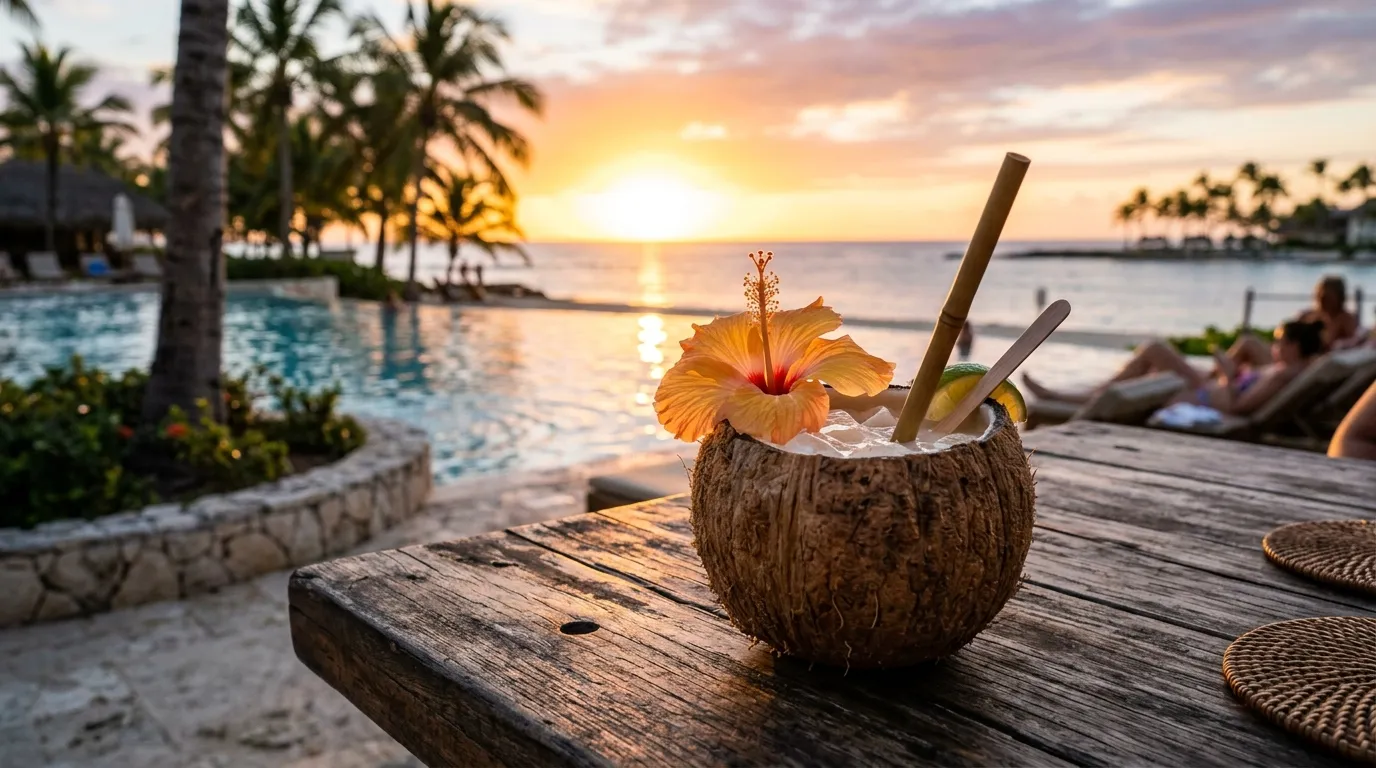 Drink tropical em frente ao mar durante o pôr do sol em Punta Cana.