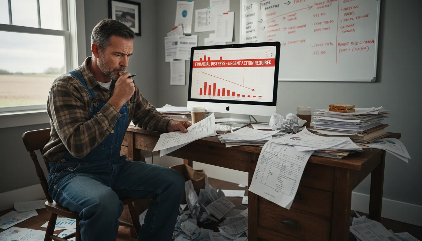 Produtor rural analisando finanças no escritório da fazenda, demonstrando as preocupações com o endividamento.