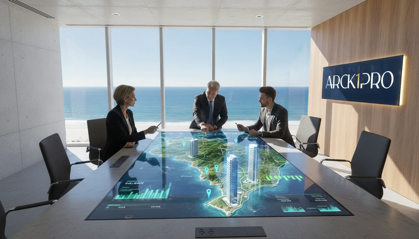 Profissionais analisam mapa digital de fundo de investimento imobiliário em litoral catarinense.