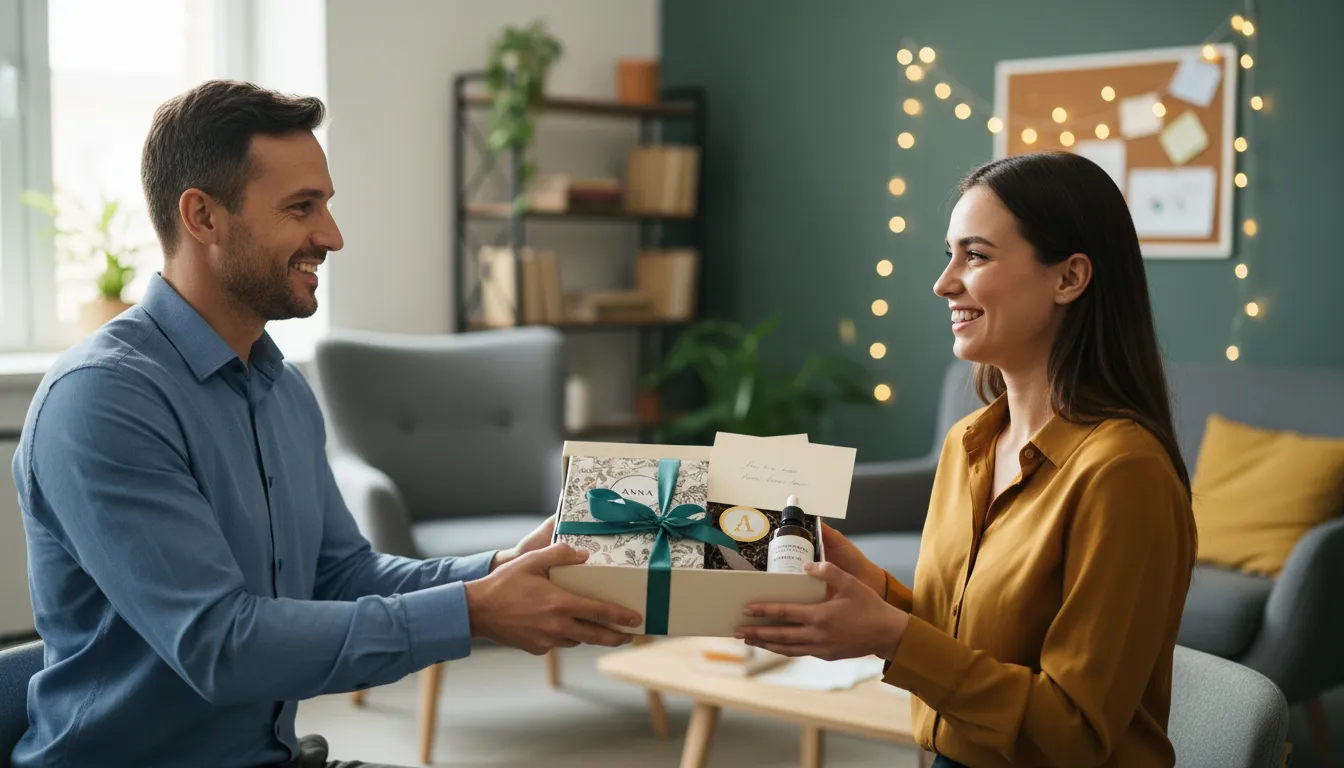 Líder entregando presente personalizado a colega em escritório, transmitindo reconhecimento e empoderamento feminino.