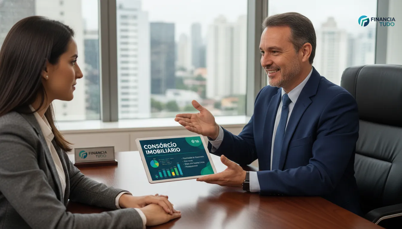 Consultor da Financia Tudo explica as vantagens do consórcio imobiliário para cliente, com gráficos demonstrativos em um tablet. Consórcio imobiliário vale a pena.
