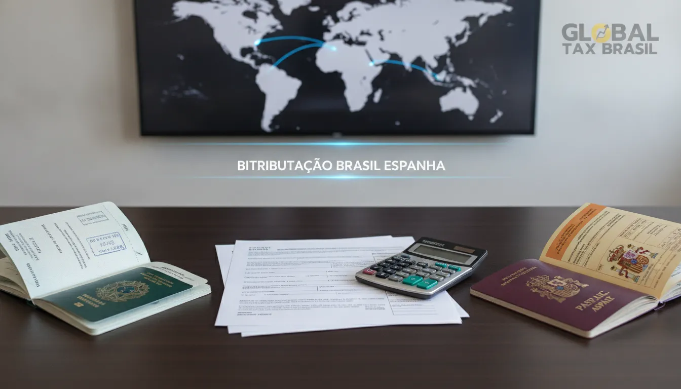 Passaportes brasileiro e espanhol com documentos fiscais, representando a bitributação para residentes.