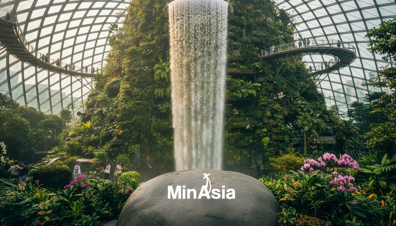 Interior da Cloud Forest em Gardens by the Bay, com montanha verde exuberante e cachoeira majestosa.