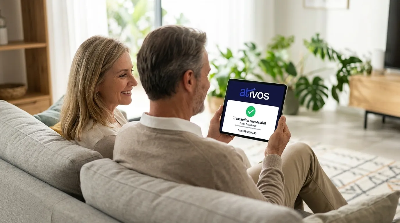 Casal comemora a liberação de recursos após consultar precatório TJPR no tablet em casa.