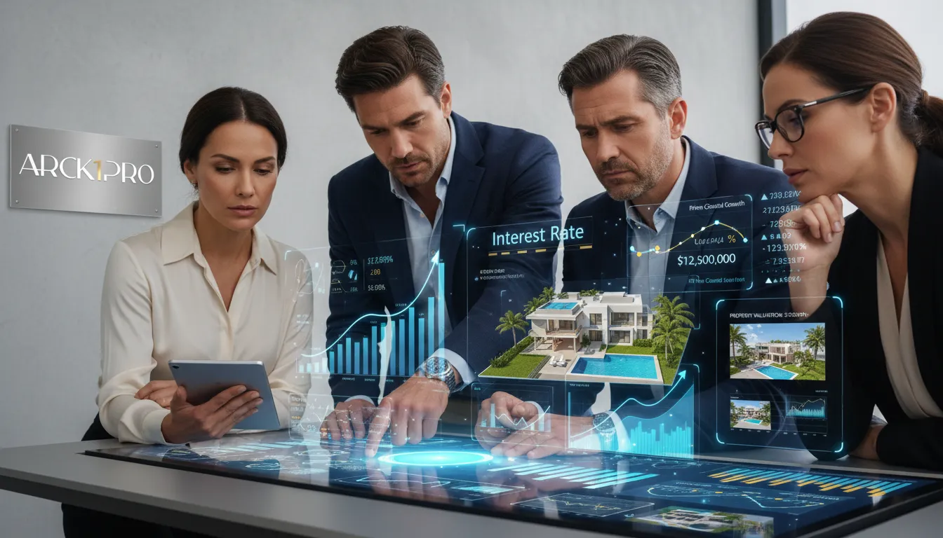 Investidores analisam dados financeiros em display holográfico, debatendo Selic e mercado imobiliário.