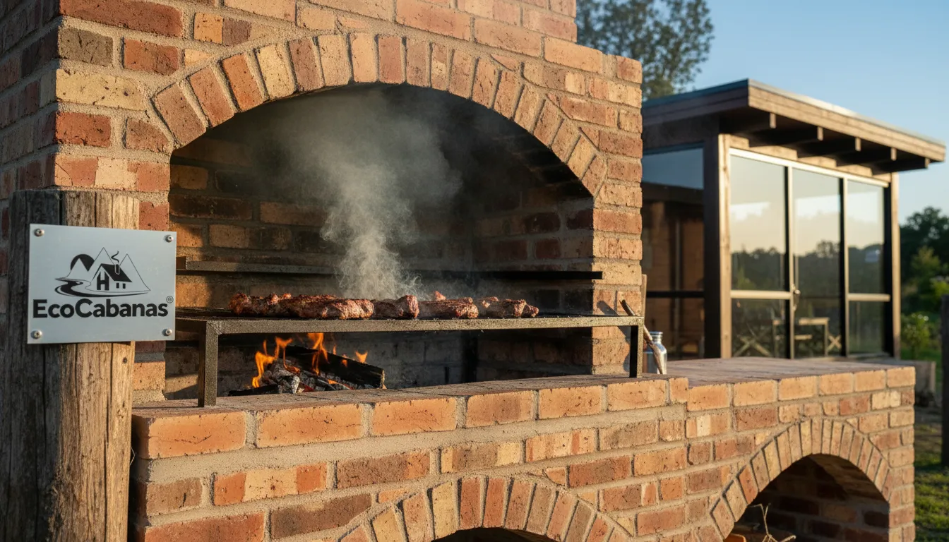 Detalhe de uma churrasqueira de alvenaria com grelha e carnes suculentas em uma cabana moderna.
