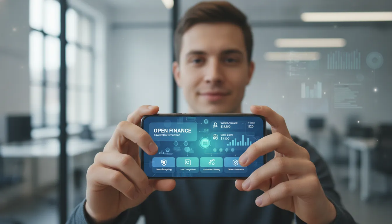 Jovem utilizando aplicativo de Open Finance, visualizando opções financeiras seguras no smartphone