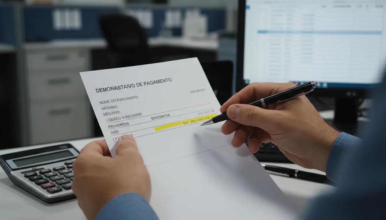 Mãos segurando folha de pagamento com descontos do INSS evidenciados em cenário de escritório.