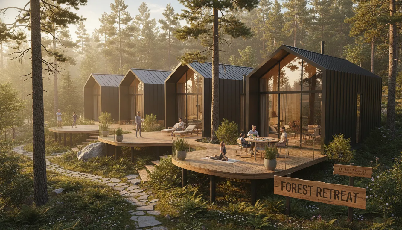 Cabanas prontas em steel frame, com decks integrados ao ambiente natural, envoltas por floresta e luz dourada.