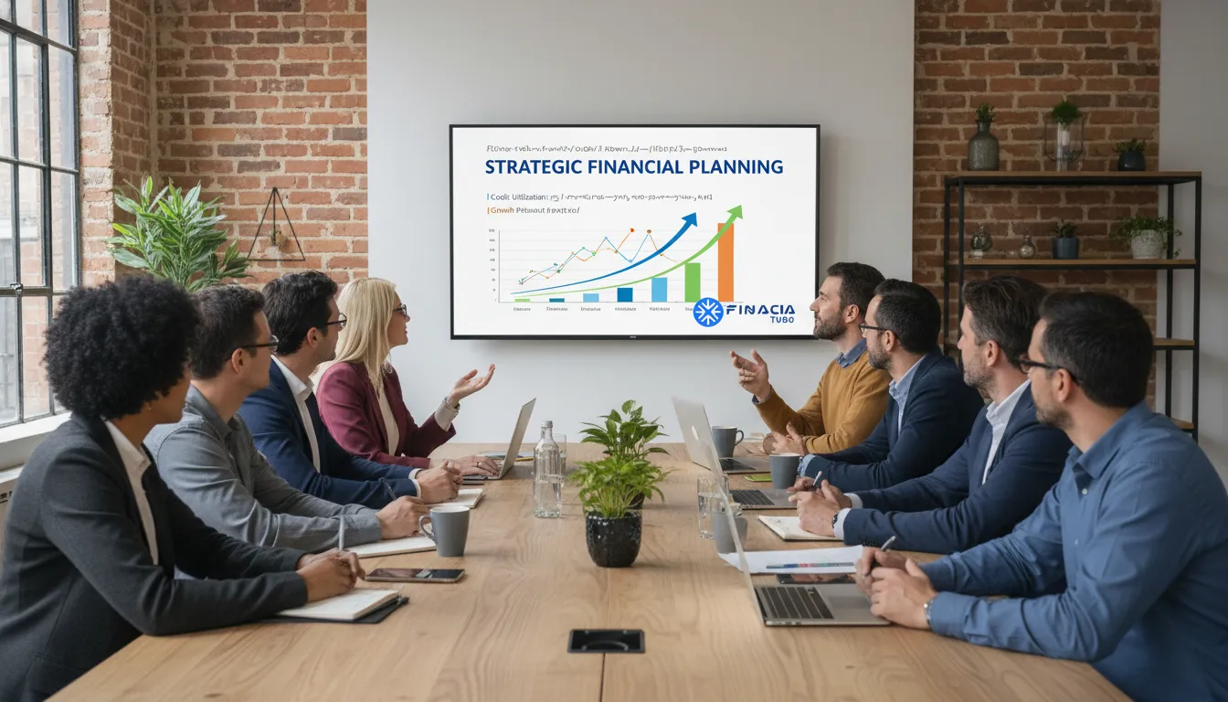 Empreendedores olhando apresentação sobre como usar crédito para expandir pequeno negócio com planejamento financeiro.