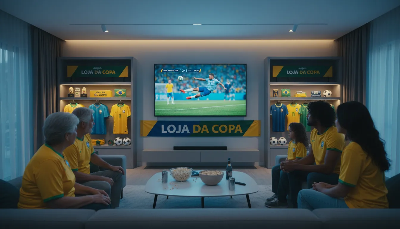 Uma família reunida em torno de uma TV OLED de última geração, cativada por um momento emocionante em uma partida da Copa do Mundo. Excelente tv para copa.