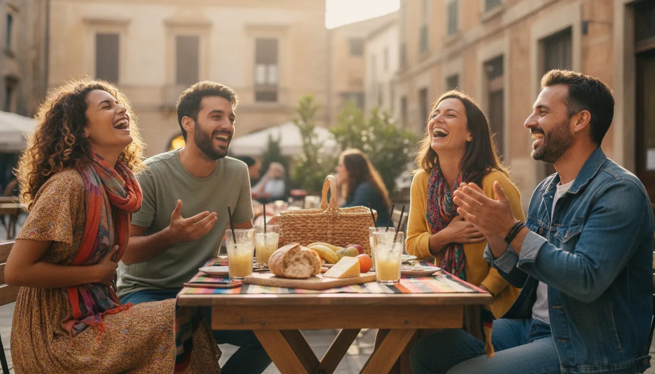 Grupo diverso de amigos rindo e celebrando a amizade em um encontro ao ar livre, mostrando conexão e alegria.