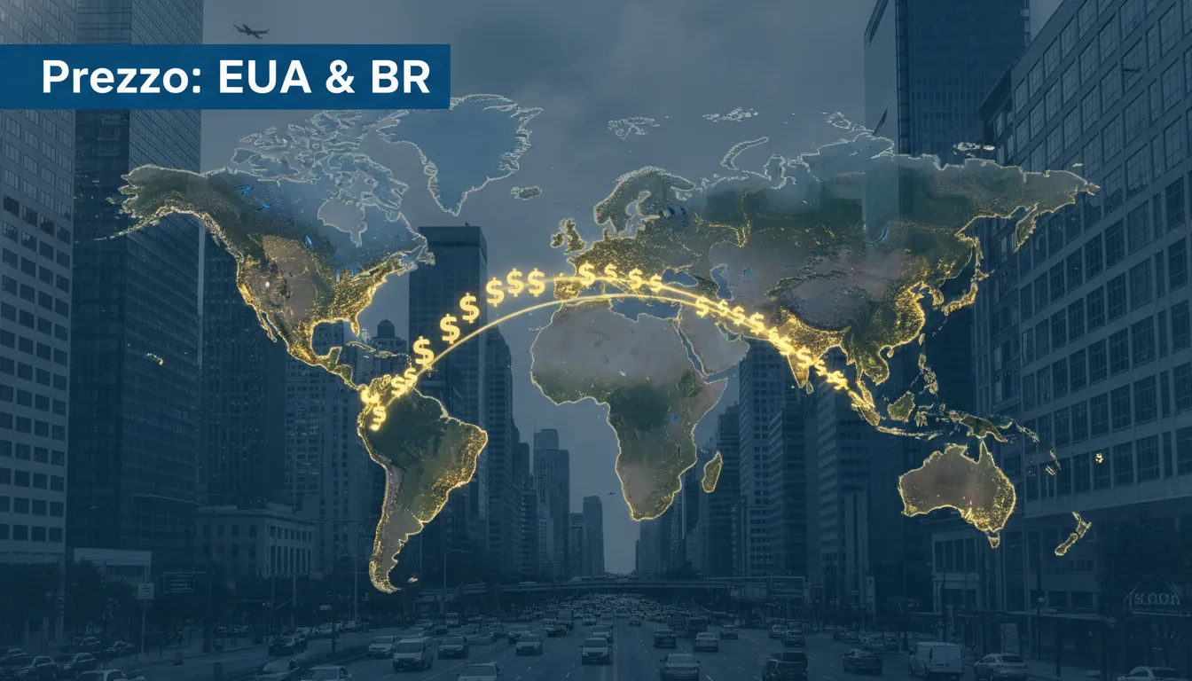 Mapa ligando EUA e Brasil com fluxo de dólares, representando o suporte da Prezzo Consulting para negócios que precisam receber em dolar internacionalmente.