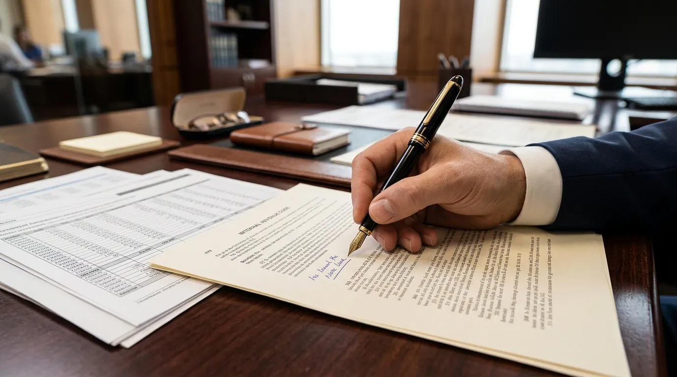 Mãos analisando relatórios tributários e cálculos sobre regras da in rfb 2296 jcp empresarial.