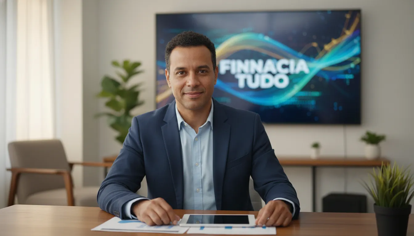 Consultor financeiro sorrindo, com tela exibindo opções de financiamento van executiva, em ambiente moderno.