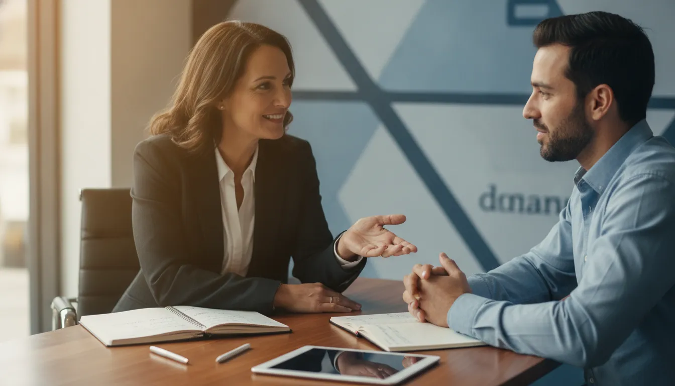 Consultor financeiro atendendo cliente, oferecendo suporte para evitar erros financeiros emocionais.