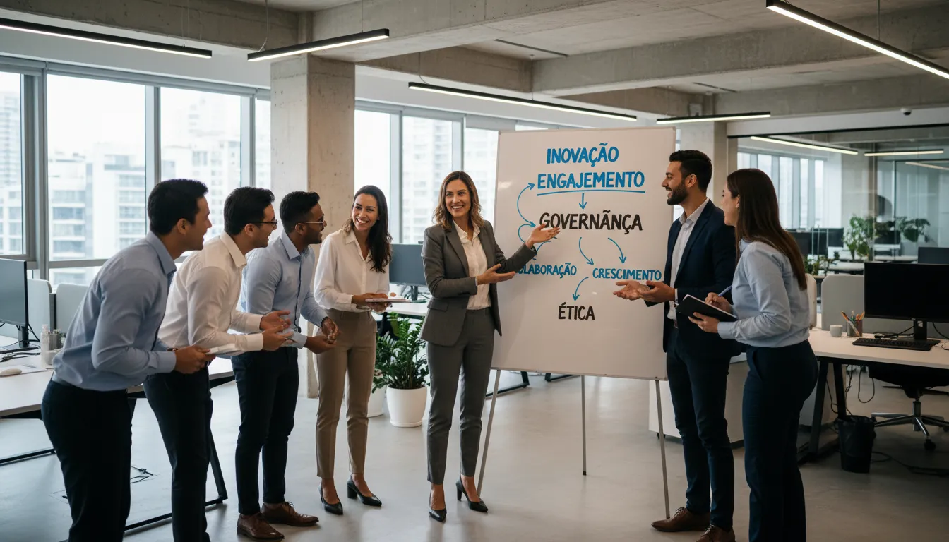 Líder engajando colaboradores em treinamento sobre inovação, governança e engajamento.