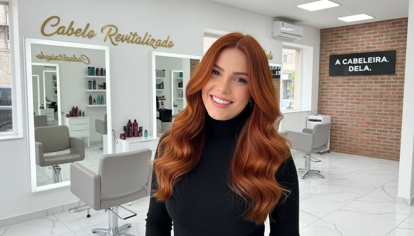 Mulher sorrindo confiante com cabelo saudável e brilhante em um salão de beleza, resultado de cuidados para cabelo ressecado ou desnutrido.