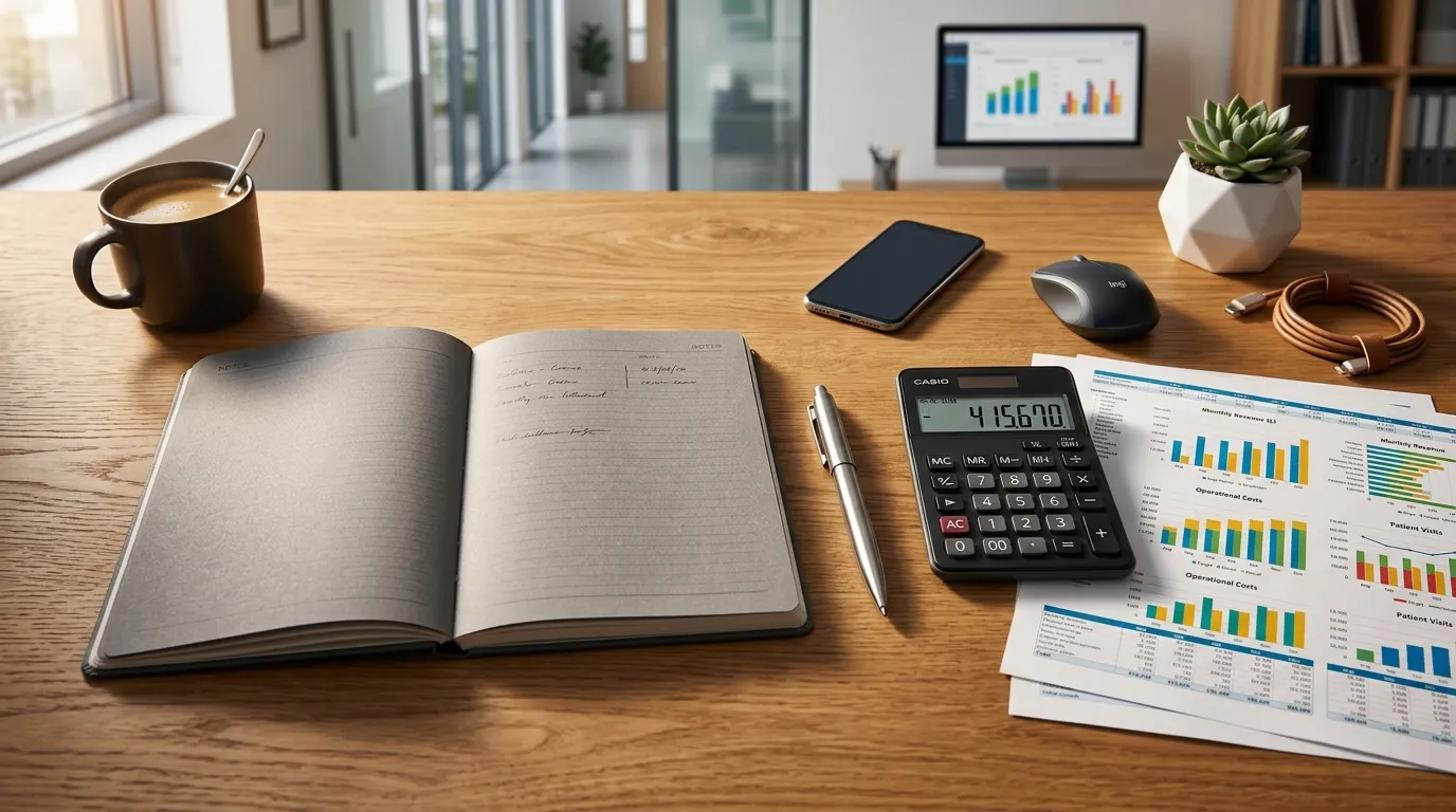 Planejamento financeiro e contabilidade para clínicas odontológicas com planilhas e calculadora.