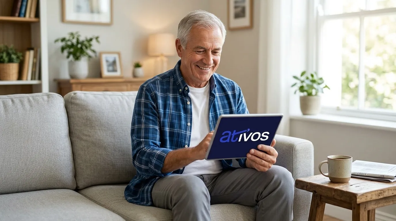 Educador aposentado comemora recebimento de seu precatório SEDUC visualizando a confirmação no tablet.