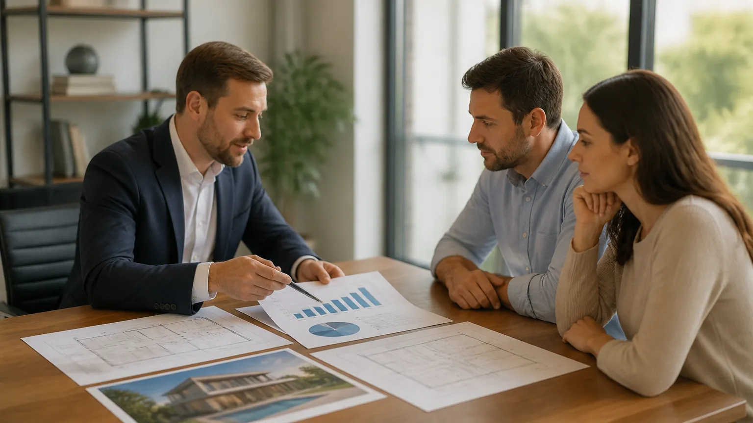 Consultoria financeira analisando diferença entre imóvel residencial e comercial para composição de patrimônio.