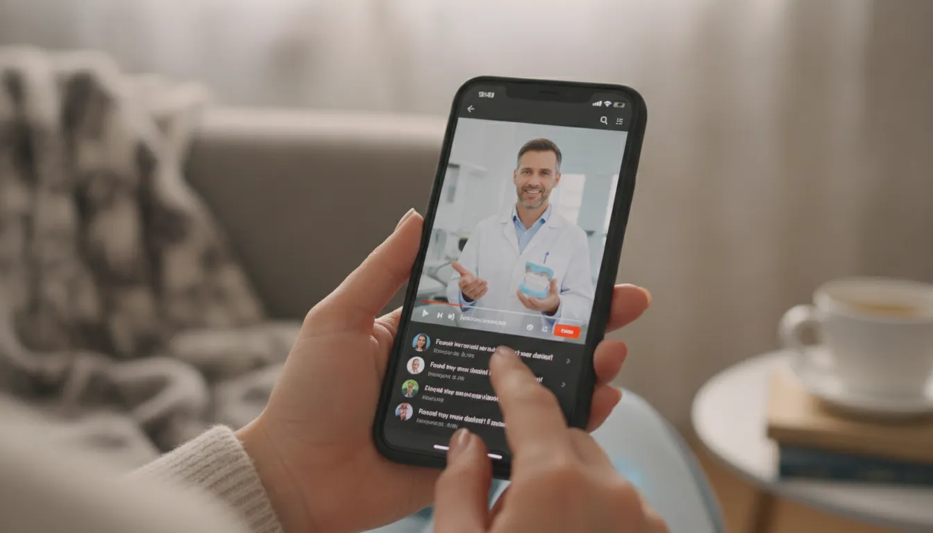 Paciente assiste vídeo educativo de dentista no YouTube, evidenciando sucesso do marketing odontológico digital.