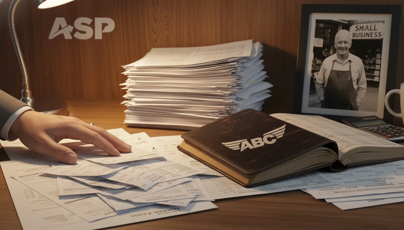 Visão detalhada de uma mesa com notas fiscais e um livro razão, representando a análise da curva ABC e organização financeira.