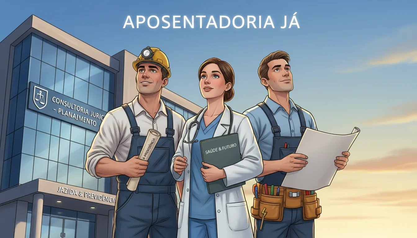 Profissionais de diversas áreas unidos, planejando a aposentadoria especial com o auxílio da Forte Advocacia, visualizando um futuro promissor.