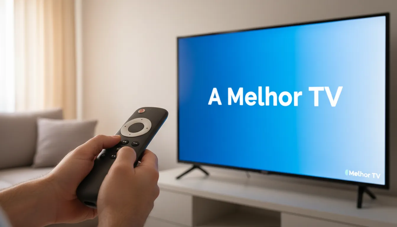 Close-up de uma pessoa segurando um controle remoto apontando para a melhor tv moderna, com a frase 'A Melhor TV' exibida na tela.