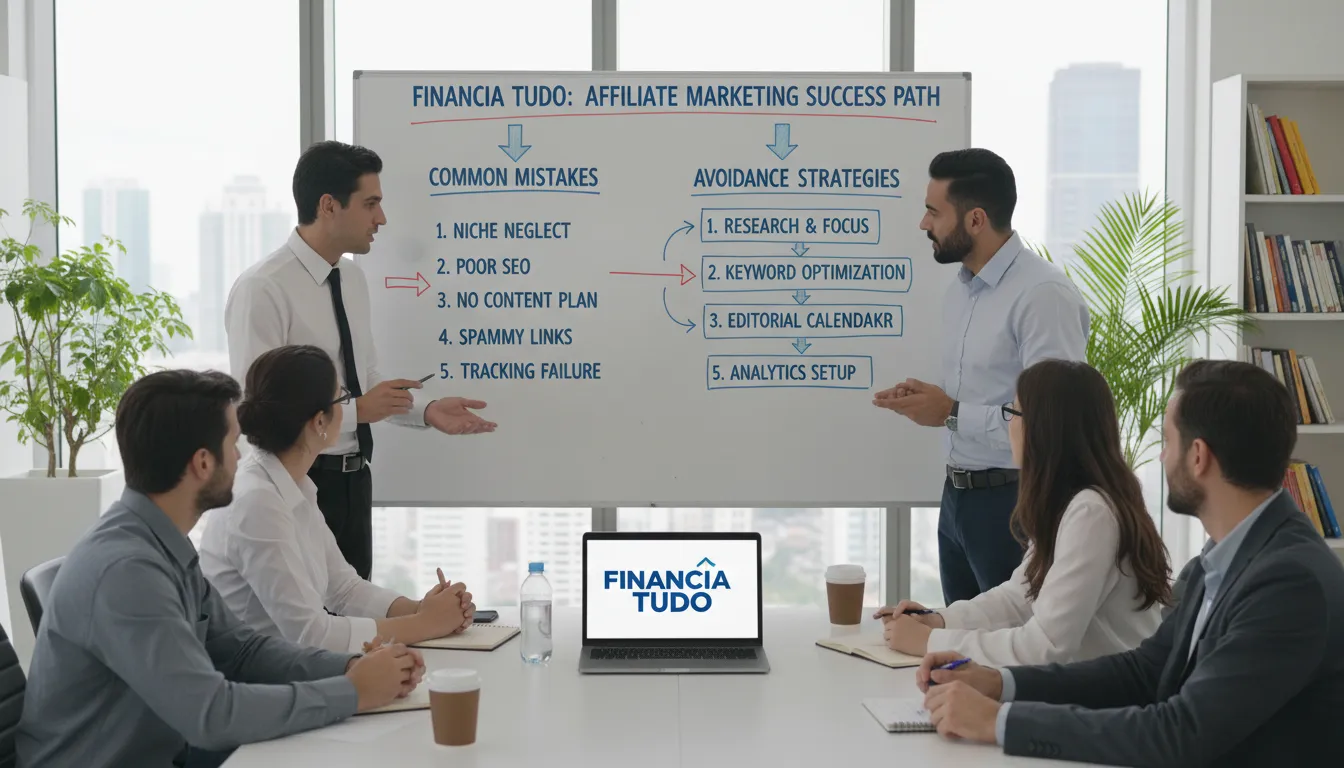 Grupo discutindo passos para evitar erros de afiliados iniciantes, quadro ilustrativo e referência à Financia Tudo.