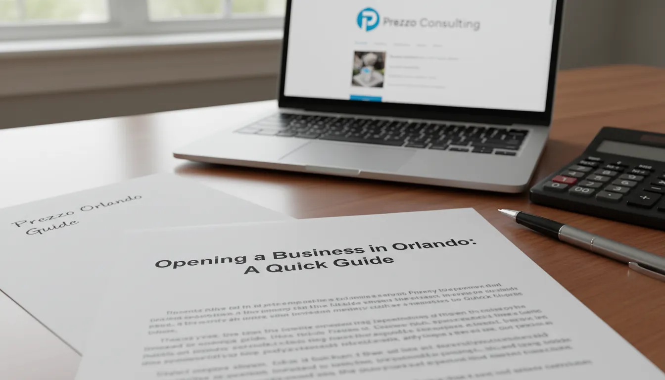 Close-up of a business plan document titled 'Opening a Business in Orlando: A Quick Guide,' with a laptop displaying the Prezzo Consulting website, highlighting resources for opening a company in Orlando.
