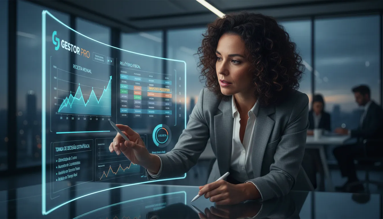 Empresário brasileiro analisando painel digital com relatórios financeiros e fiscais, ilustrando impacto do software