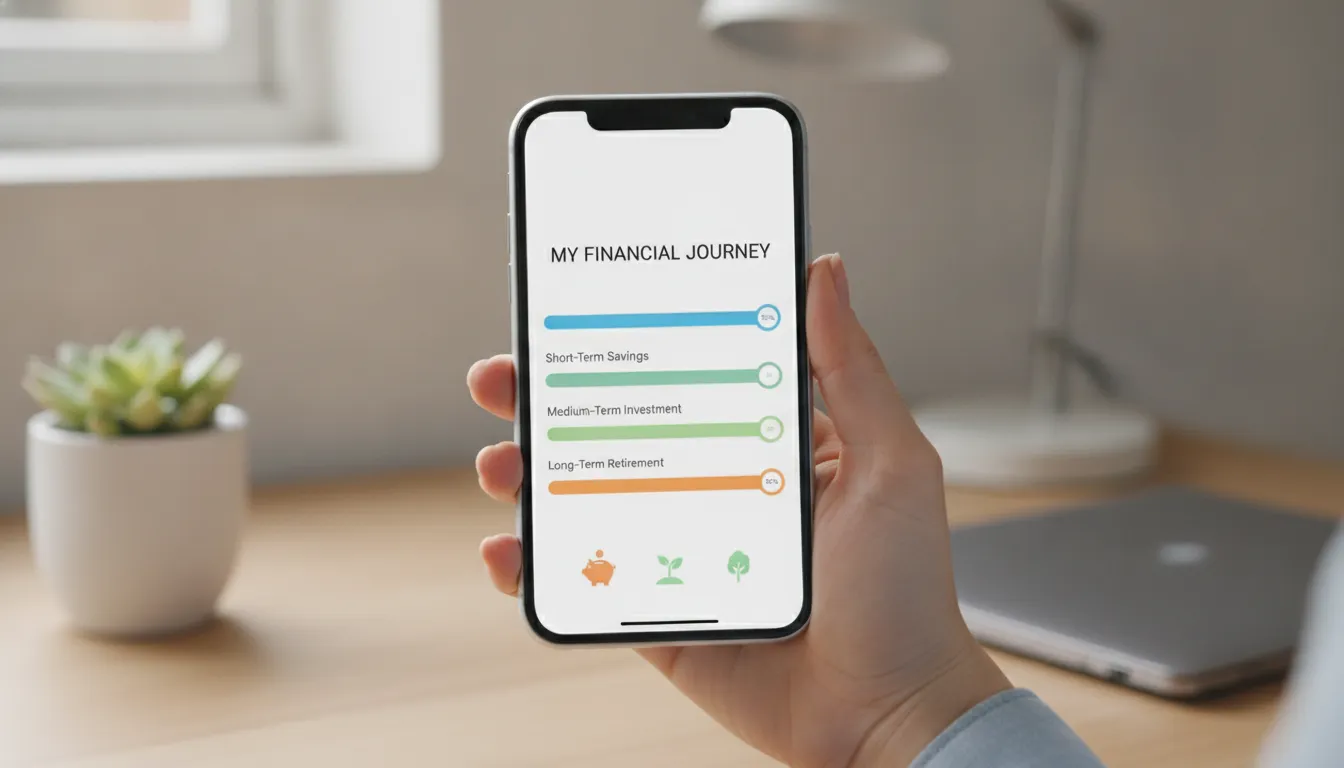 Tela de celular com aplicativo de finanças, ilustrando metas financeiras pessoais de curto e médio prazo.