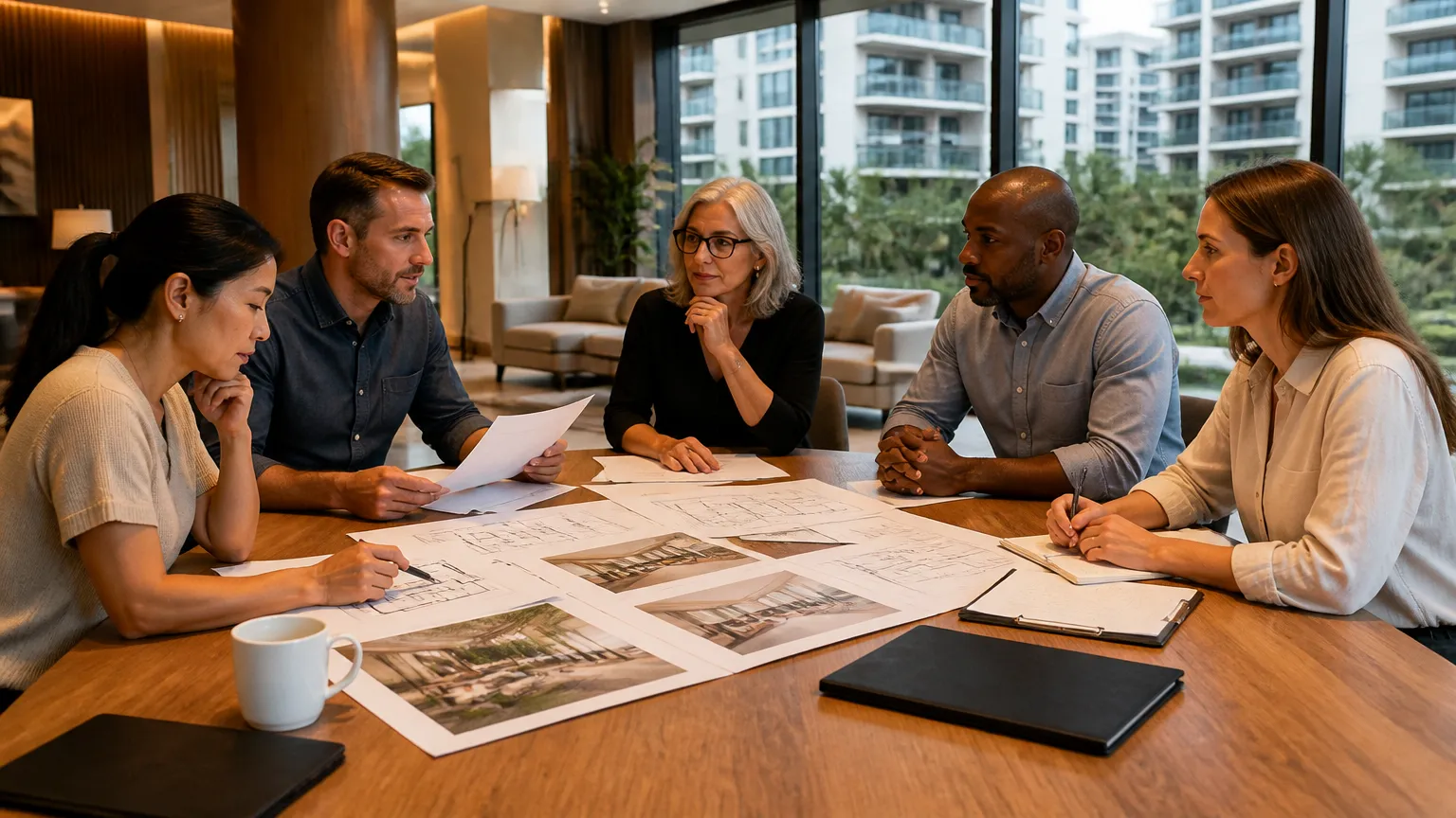 Reunião de moradores planejando financiamento de áreas de lazer condominiais com especialista.