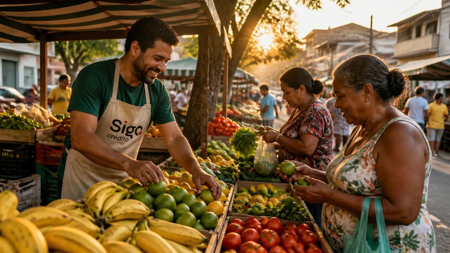 Banca de feira livre com frutas frescas ensinando como economizar no mercado no fim do dia.