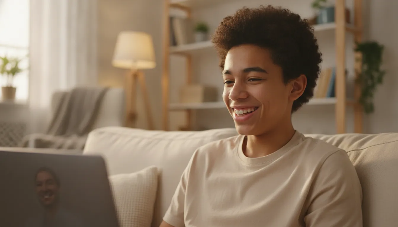 Adolescente sorrindo para tela, indicando bem-estar após terapia online, mostrando melhora.