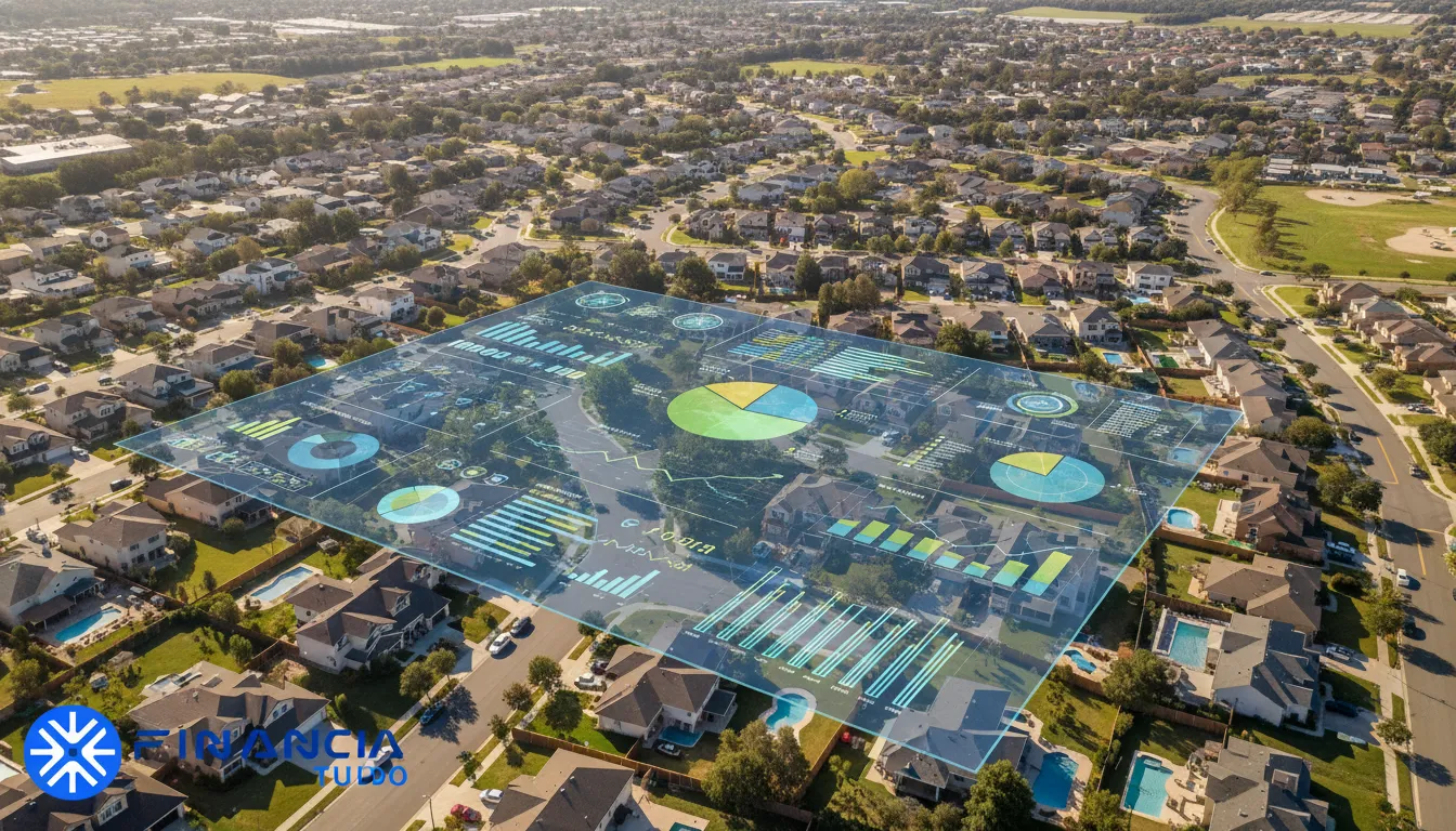 Visão aérea de casas, representando oportunidades de empréstimo com garantia de imóvel para crescimento financeiro, via Financia Tudo.