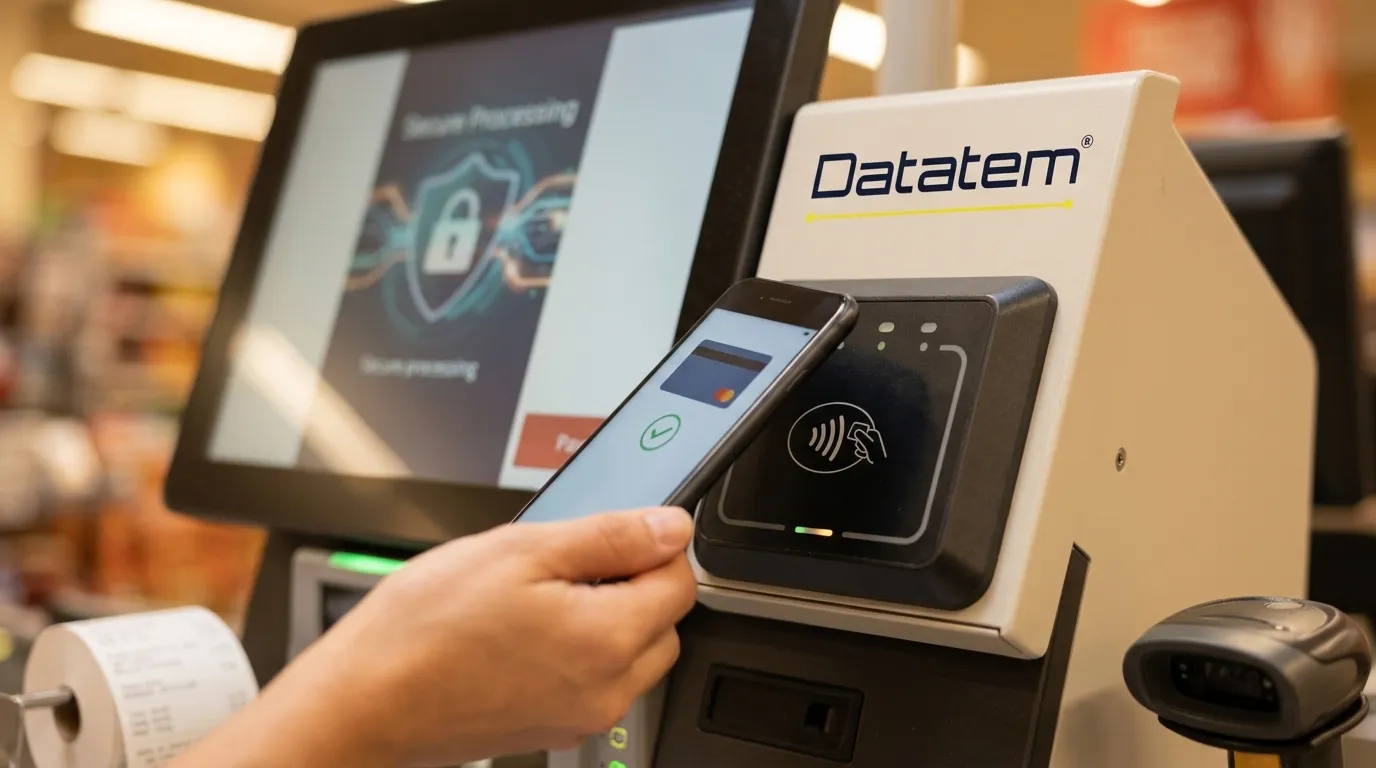Smartphone fazendo pagamento por aproximacao em totem de pagamento de supermercado
