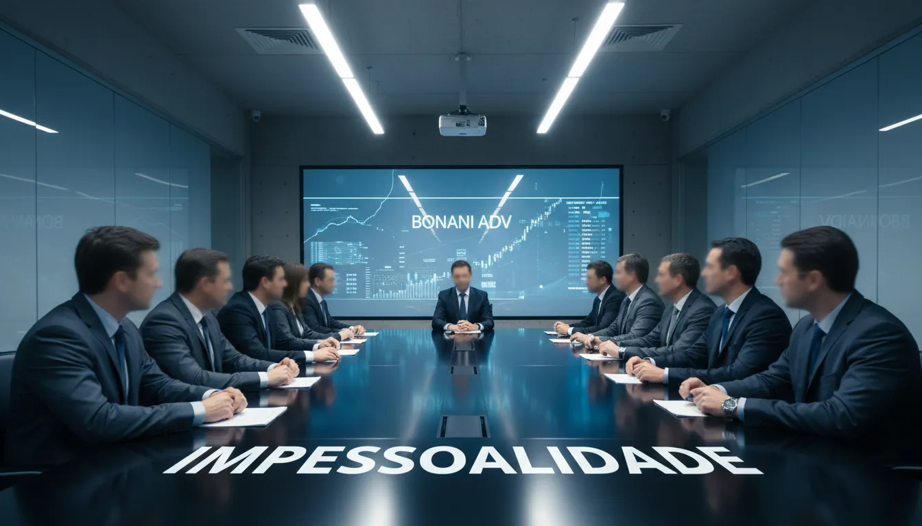 Cenário corporativo frio e impessoal, destacando a falta de empatia e a regulação preconcepção impessoalidade nas decisões de negócios.