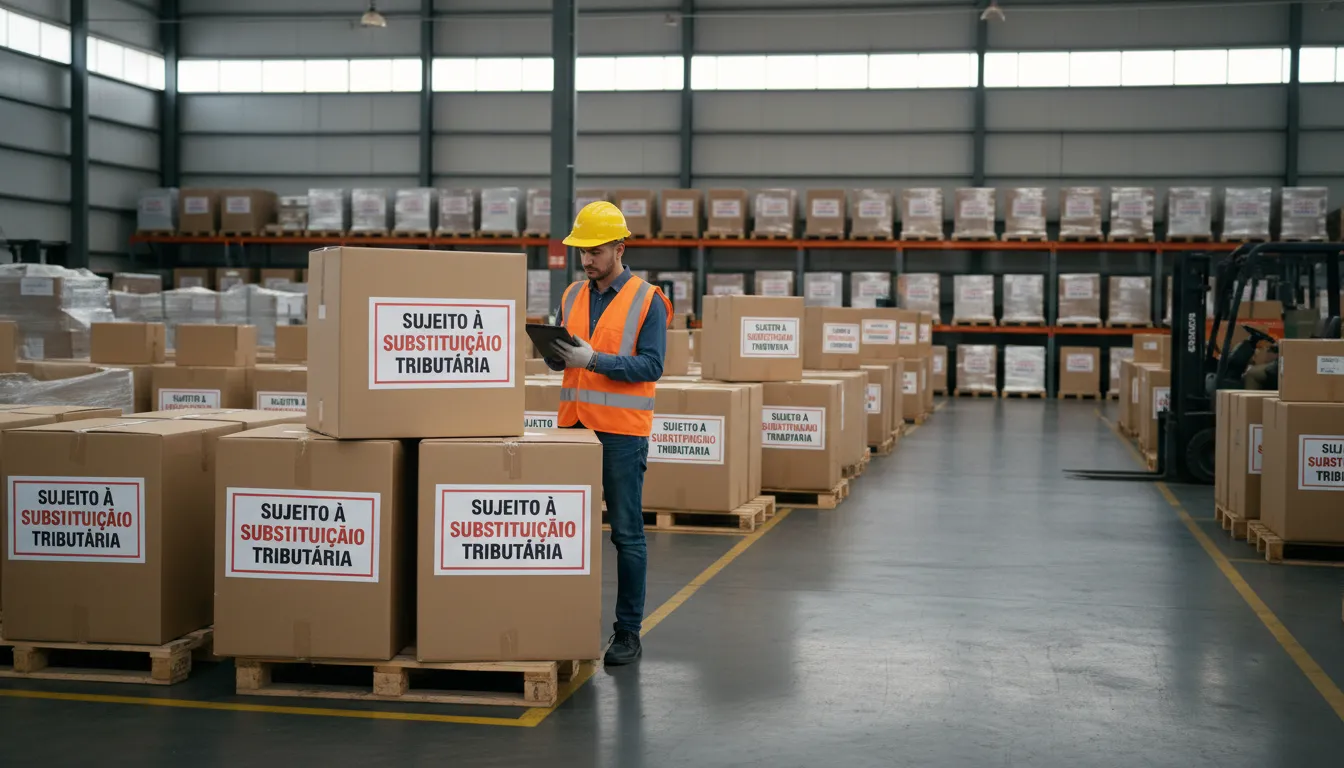 Trabalhador com tablet conferindo estoque de produtos sujeitos ao regime de Substituição Tributária