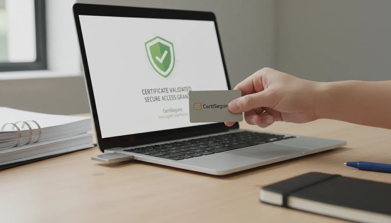 Mão insere certificado digital CertiSeguro no laptop, garantindo segurança e evitando certificado digital vencido contabilidade.