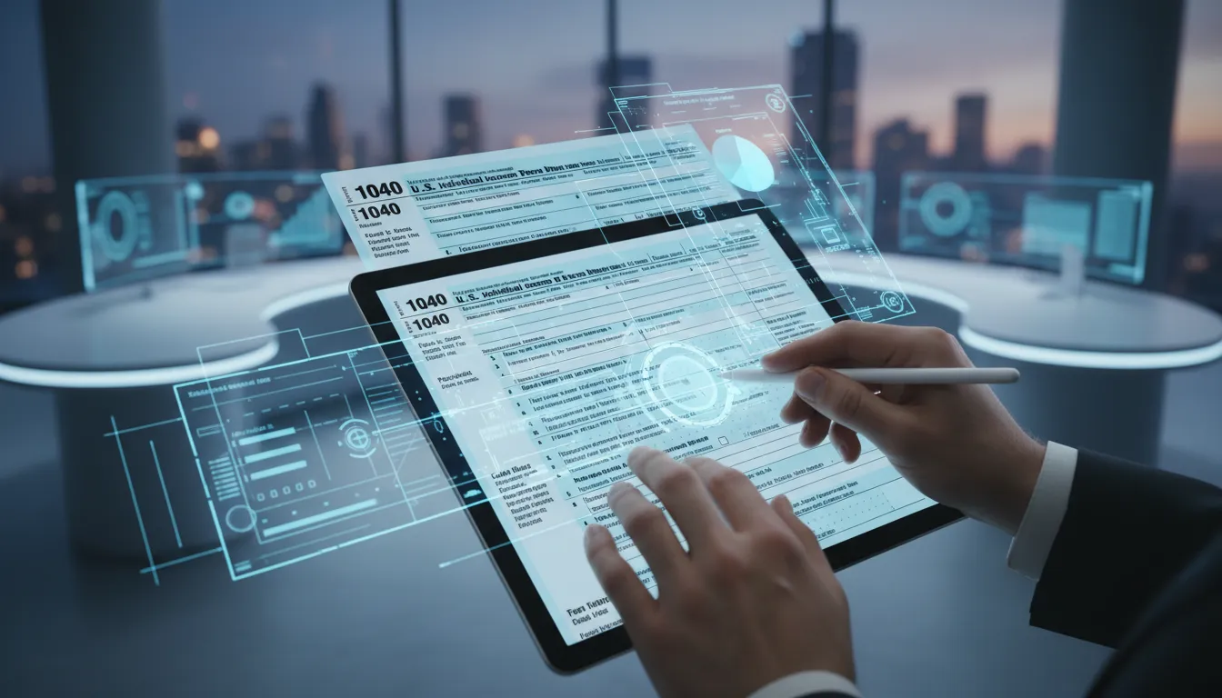 Pessoa utilizando tecnologia digital para declarar impostos, com formulários fiscais americanos em destaque